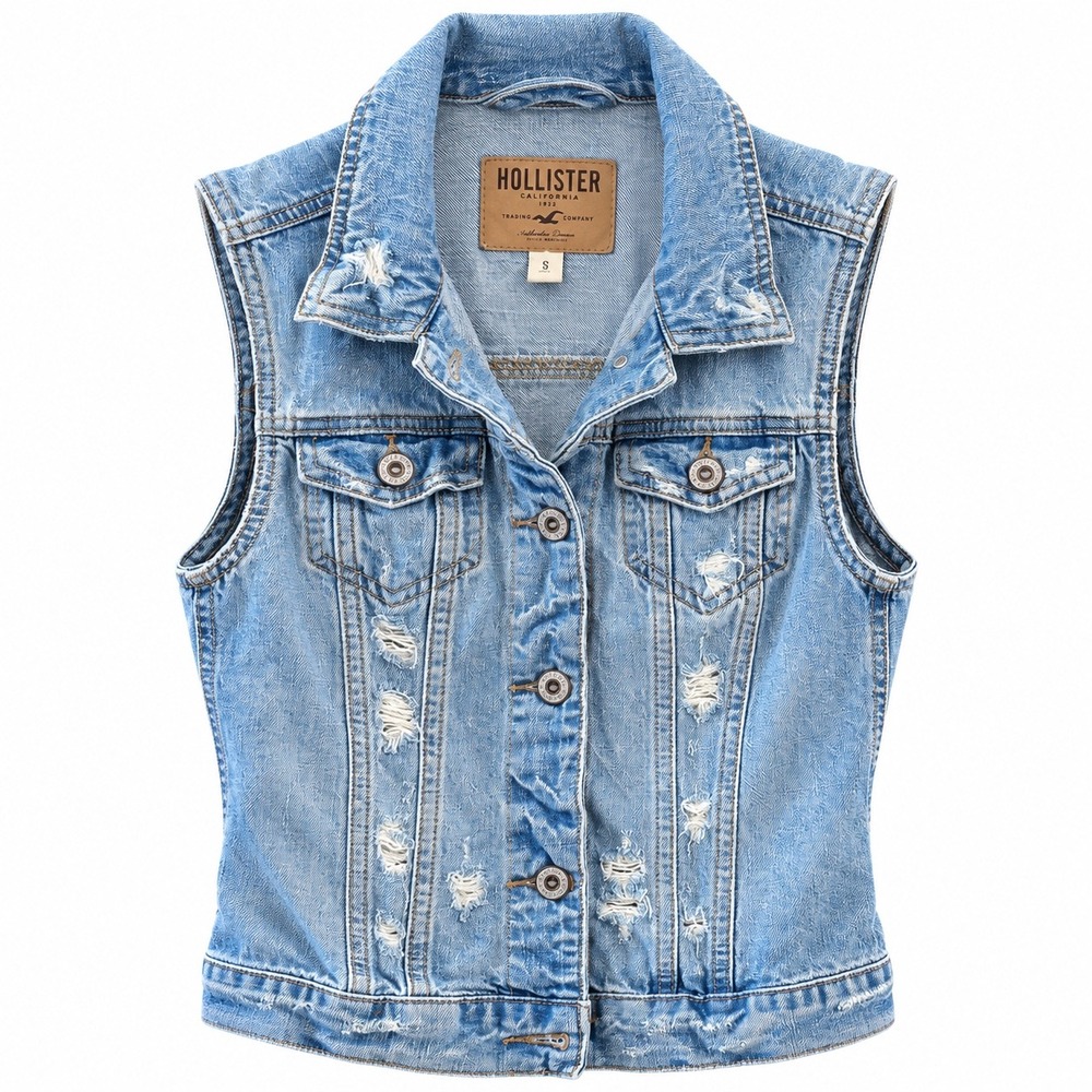 Hollister Denim Vest Women's Small Light Wash Distressed Jean Trucker Y2K